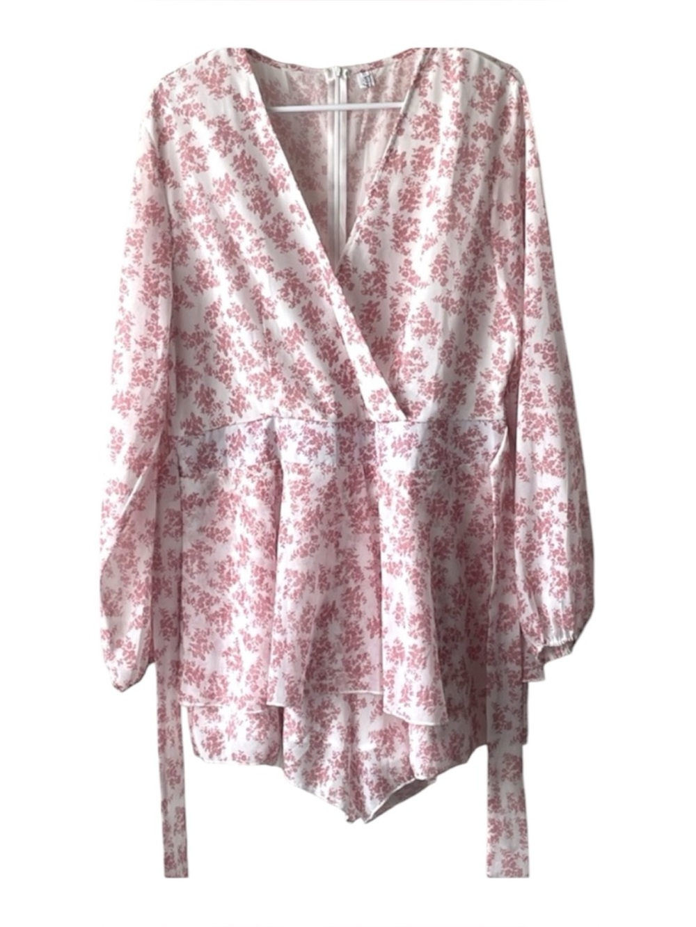 Pink and White Wrap-Style Jumpsuit with Floral Print